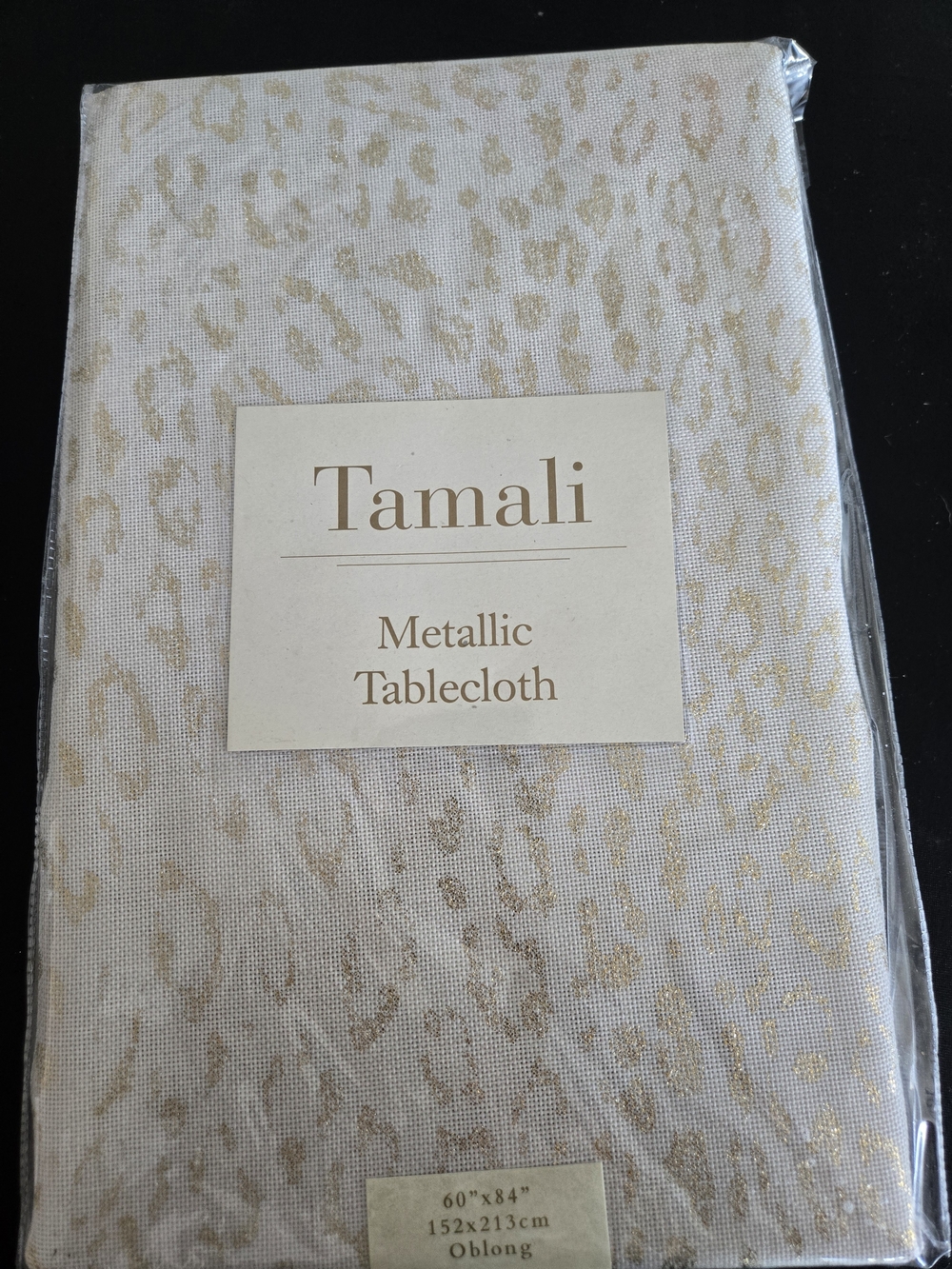 ​NIP Tamali Metallic Leopard Print Tablecloth 60x84 Gold Ivory